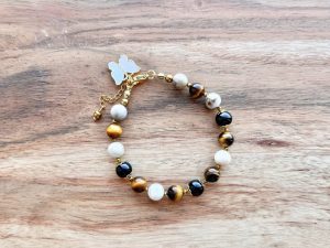 Pulseira com Ágata Botswana, Olho de Tigre e Turmalina Negra para proteção emocional, coragem e estabilidade