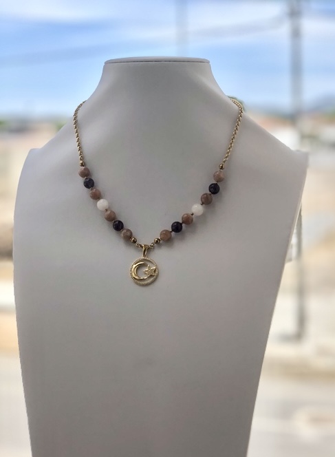 Colar com Pedra da Lua, Ametista e Quartzo Rosa para equilíbrio feminino, proteção energética e harmonia interior