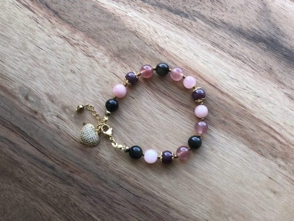 Pulseira de cura emocional com Obsidiana Dourada, Quartzo Morango e Lepidolite para proteção e amor-próprio