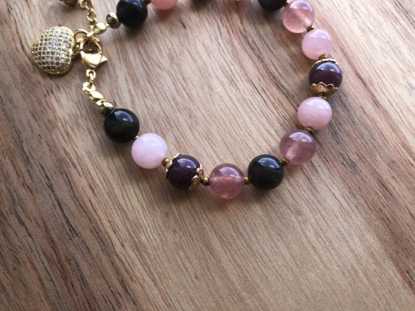 Pulseira com Obsidiana Dourada, Quartzo Morango e Jade Rosa para proteção emocional, cura afetiva e clareza interior - Image 3