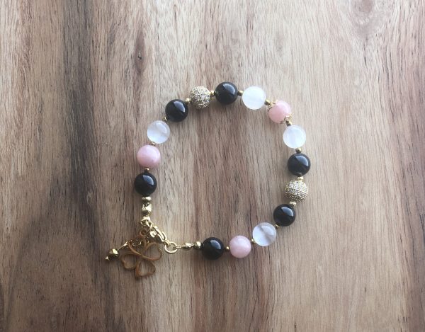 Pulseira de proteção com Turmalina Negra, Selenite e Jade Rosa para equilíbrio emocional